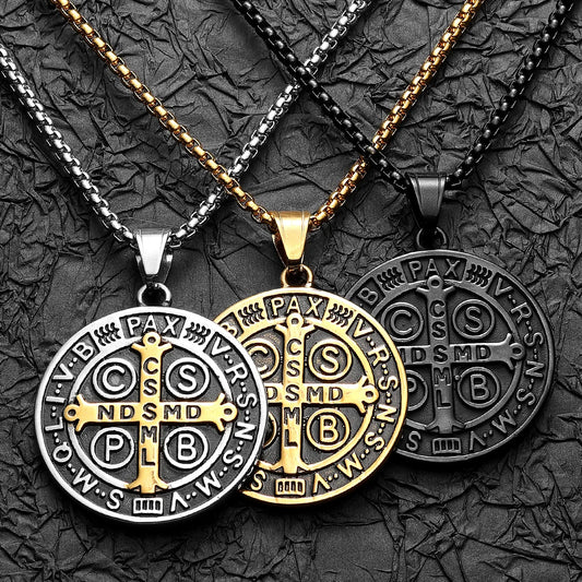 Colar Masculino Medalha de São Bento de Aço Inoxidável