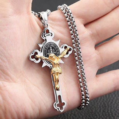 Colar Masculino com Cruz de São Bento em Aço Inoxidável 316L