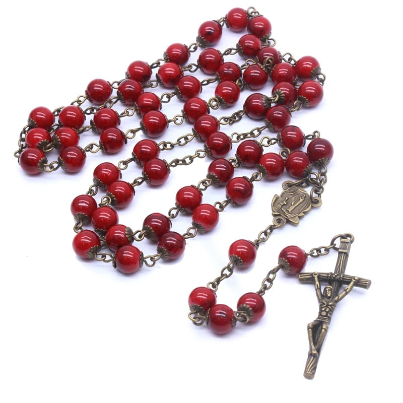 Terço de Nossa Senhora de Lourdes em Bronze com Contas de Vidro Vermelho