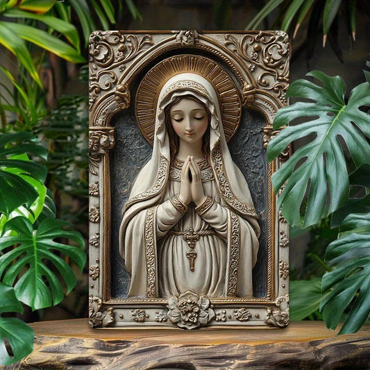 Placa Decorativa Virgem Maria Branco e Dourado