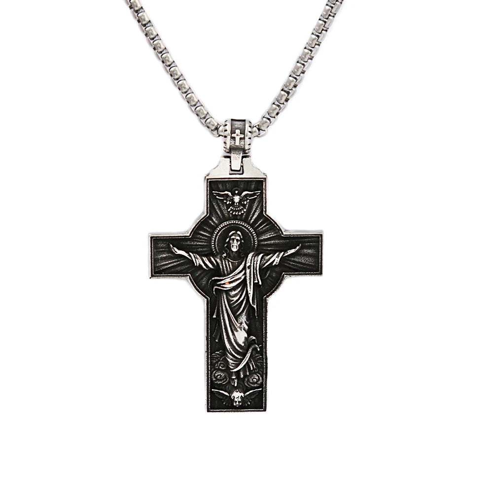 Colar Masculino Cruz Jesus Subindo aos Céus em Aço Inoxidável