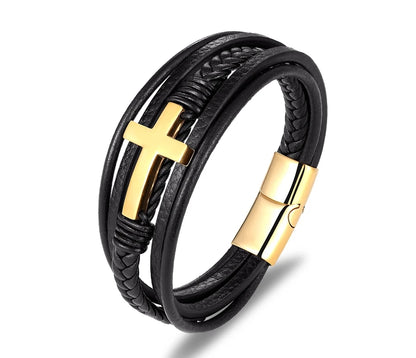 Pulseira Masculina de Couro com Cruz Sagrado Estilo