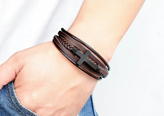 Pulseira Masculina de Couro com Cruz