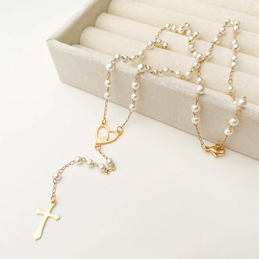 Aço inoxidável Y Forma Beads Cadeia para Mulheres, Cor do Ouro, Virgem Maria, Cruz, Rosário, Colar Longo, Jóias das Meninas, Spiriti Pray