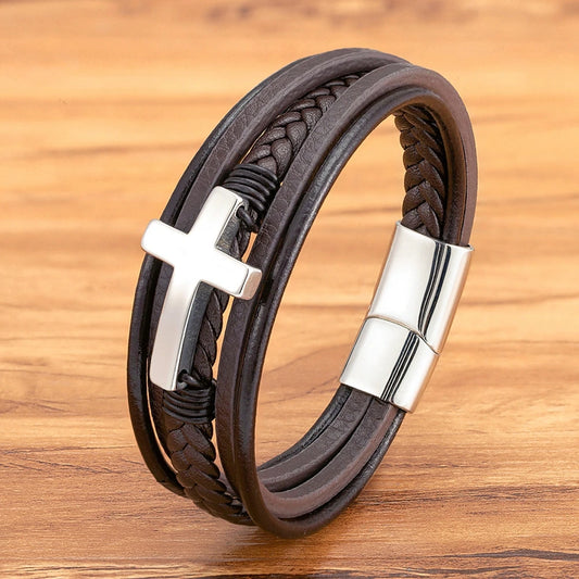 Pulseira Masculina de Couro com Cruz Sagrado Estilo