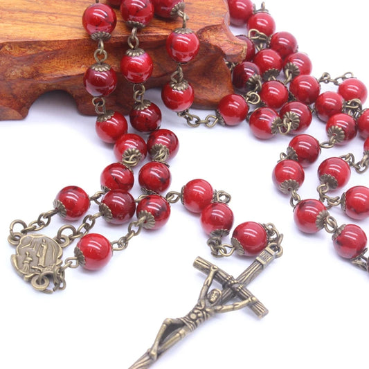 Terço de Nossa Senhora de Lourdes em Bronze com Contas de Vidro Vermelho