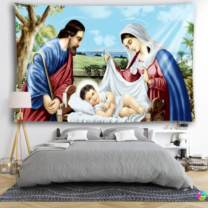 Santa família tapeçarias decoração de parede natal abençoar crianças crentes cristãos sábios pendurado na parede páscoa cristo decoração para casa