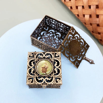 Caixa rosário com miçangas, colar metal, caixa joias religiosas católicas cristãs, armazenamento