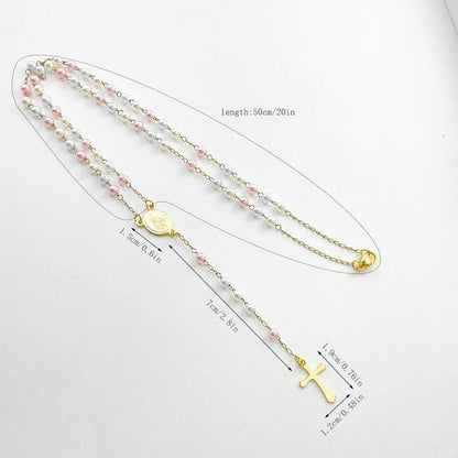 Aço inoxidável Y Forma Beads Cadeia para Mulheres, Cor do Ouro, Virgem Maria, Cruz, Rosário, Colar Longo, Jóias das Meninas, Spiriti Pray