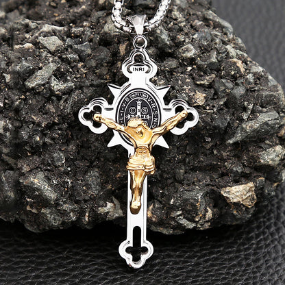 Colar Masculino com Cruz de São Bento em Aço Inoxidável 316L