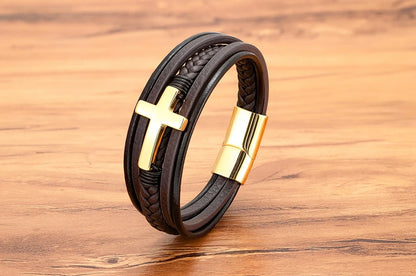 Pulseira Masculina de Couro com Cruz Sagrado Estilo
