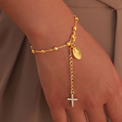 Pulseira de rosário de cruz de zircônia cúbica para mulheres, elo ajustável de maria de aço inoxidável, presente de joia religiosa