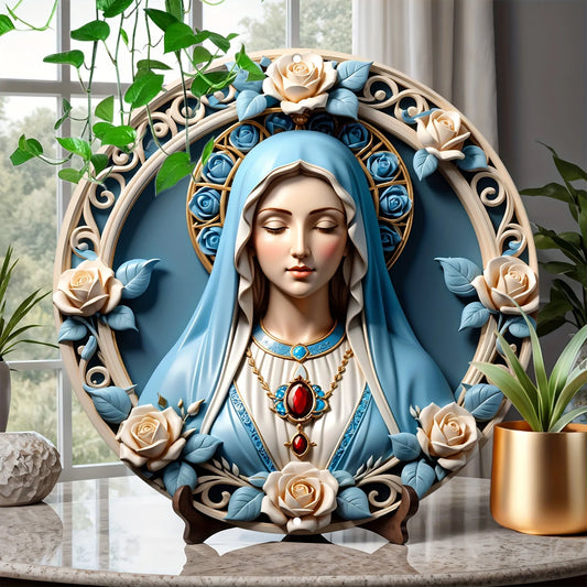 Arte de Parede Circular Virgem Maria 2D em Alumínio