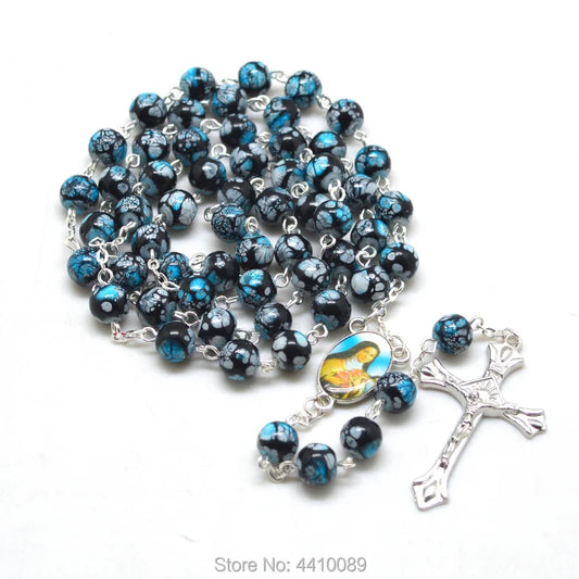 Terço de Santa Teresinha do Menino Jesus com Contas de Vidro Azul e Preto