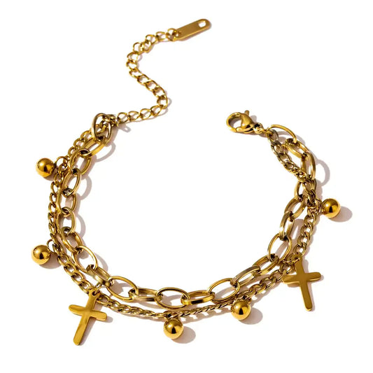 Pulseira Feminina com Cruz em Aço Inoxidável Banhada a Ouro 14K